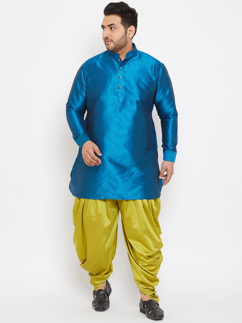 Vastramay Men's Plus Size Turquoise Silk Blend Curved Kurta Dhoti Set